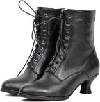 Women's Black Chunky Heel Lace-Up Mid Calf Victorian Boots