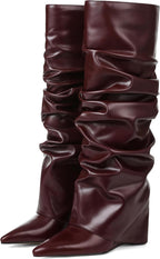 Women's Wedge Heel Fold Over Knee High Boots, Wide Calf