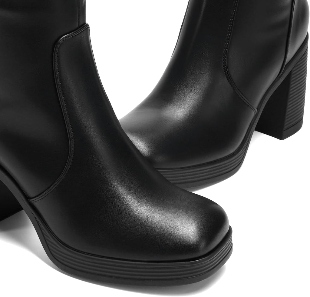 Women's Black Knee High Platform Boots with Inside Zip