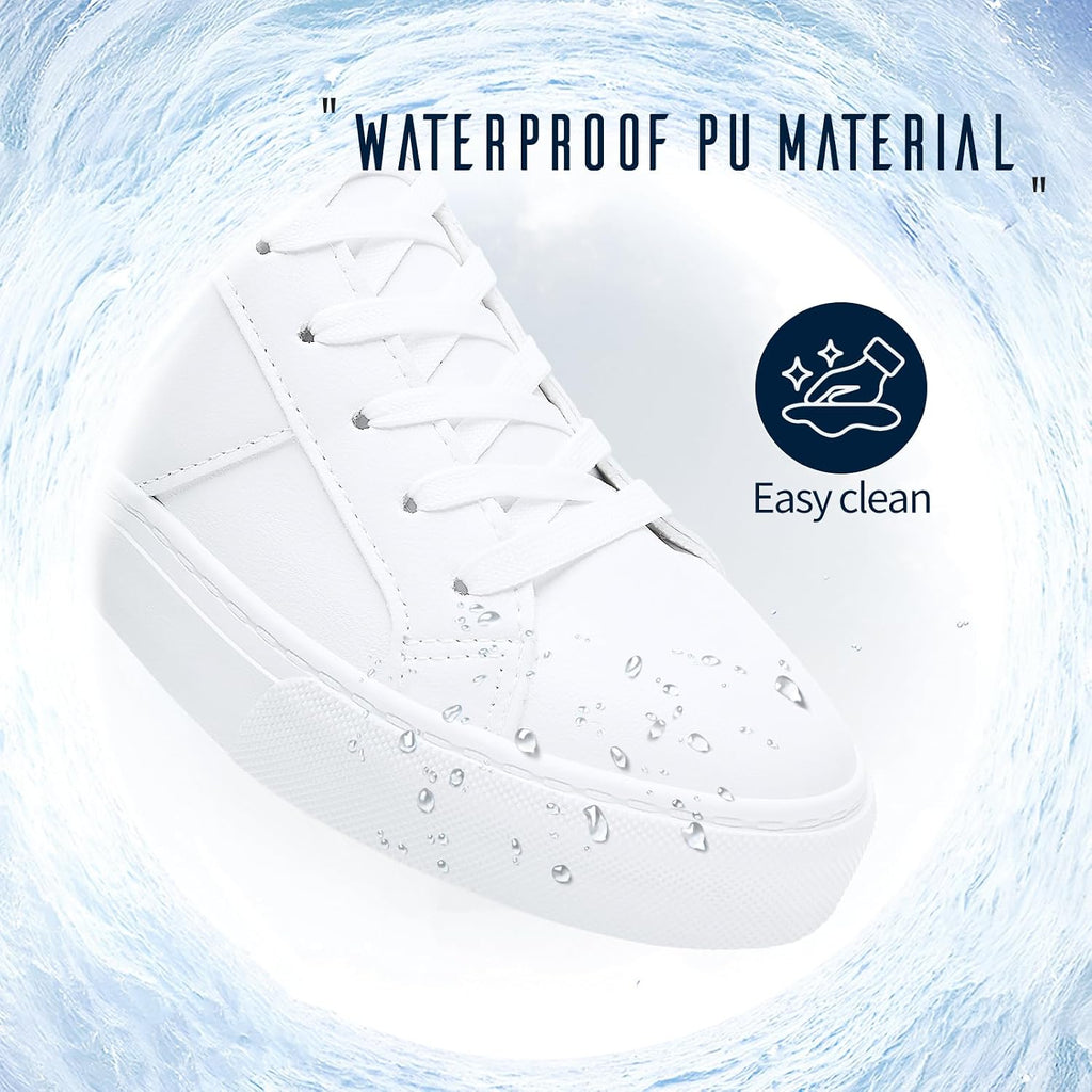 Women's White Low Top Sneakers, PU Leather Lace-Up Shoes