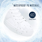 Women's White Low Top Sneakers, PU Leather Lace-Up Shoes