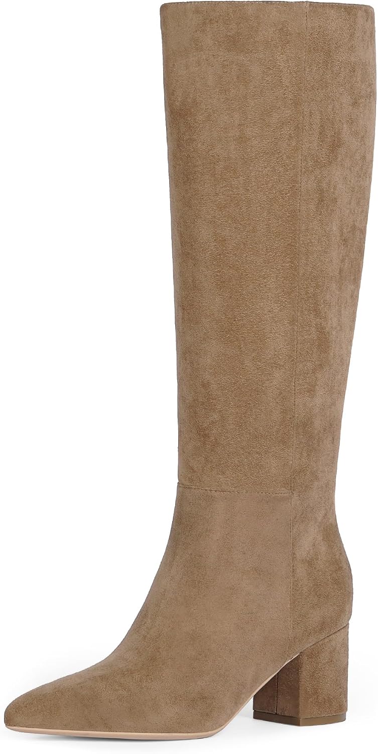 Women's Brown Knee High Boots with Chunky Low Block Heel