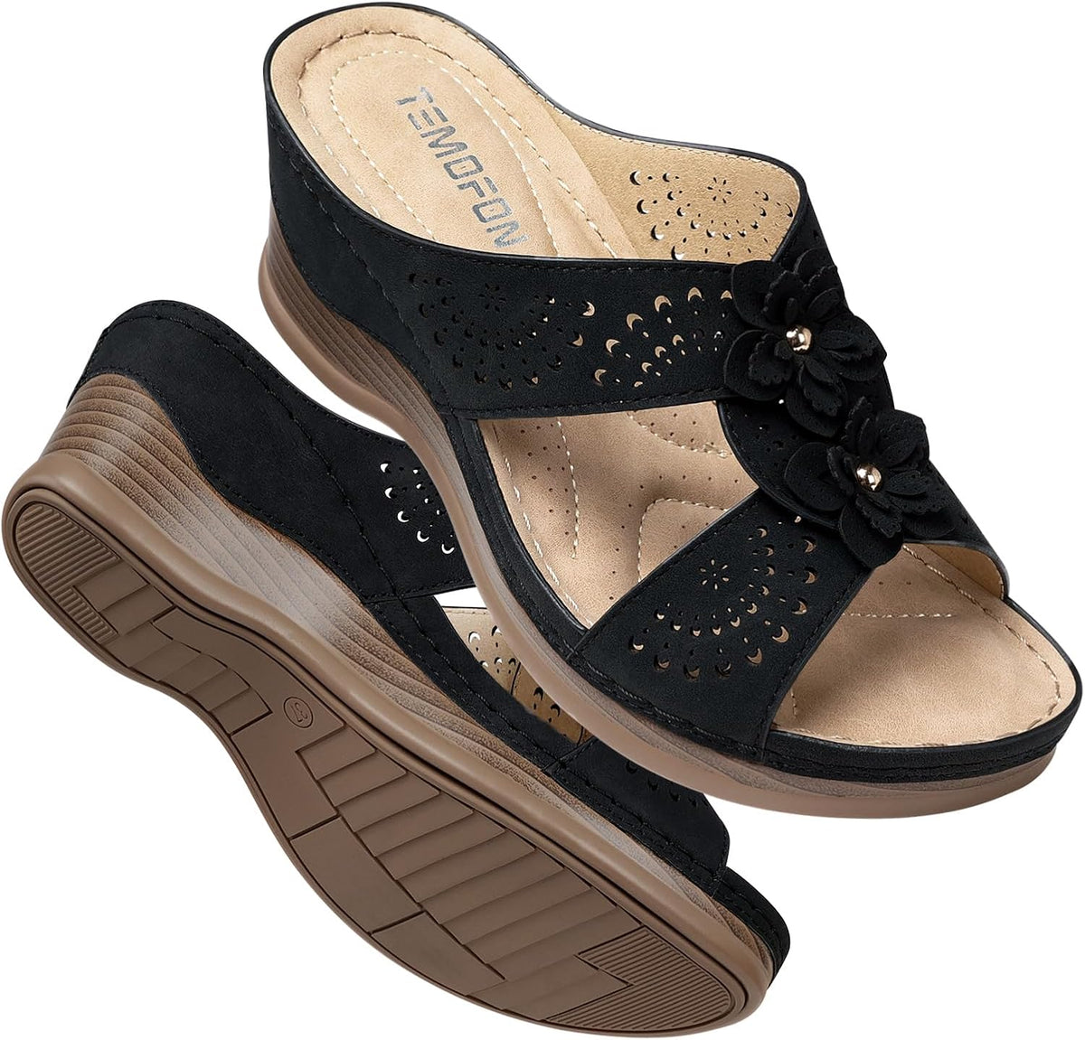 Women's Leather Low Wedge Sandals, Open Toe Slide