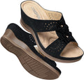 Women's Leather Low Wedge Sandals, Open Toe Slide