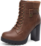 Women's Chunky Heel Lace-Up Combat Ankle Boots, Vegan Leather