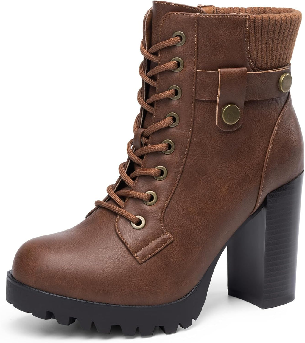 Women's Chunky Heel Lace-Up Combat Ankle Boots, Vegan Leather