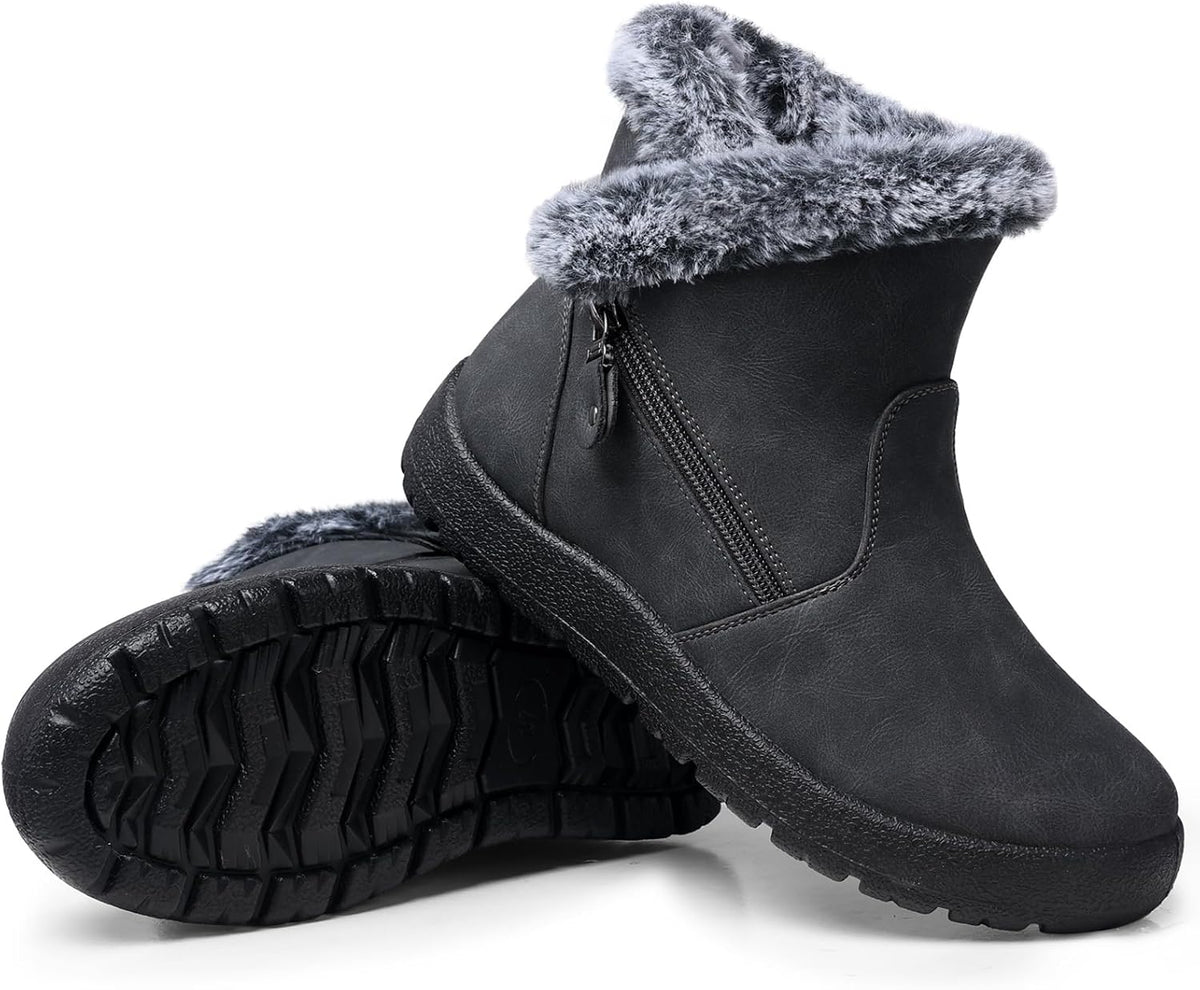 Women's Waterproof Fur Lined Ankle Snow Boots with Side Zip