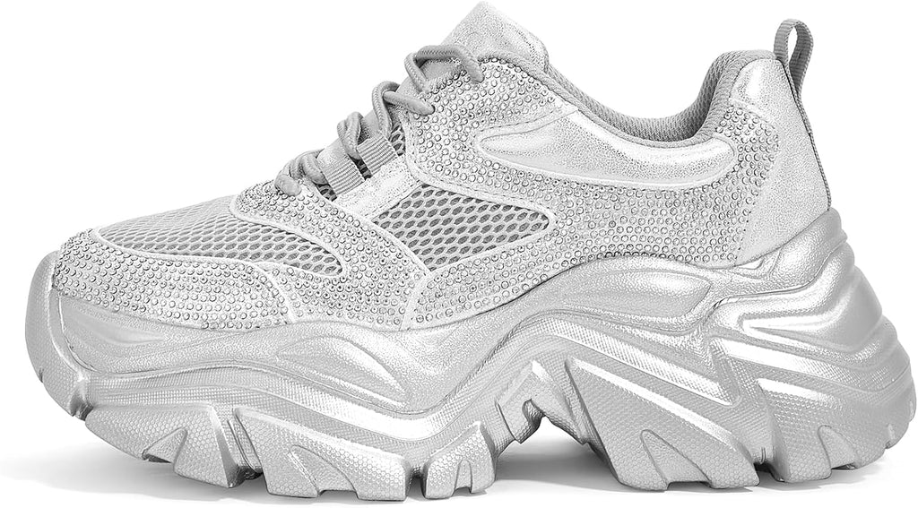 Women's White Platform Chunky Sneakers, Memory Foam Insole