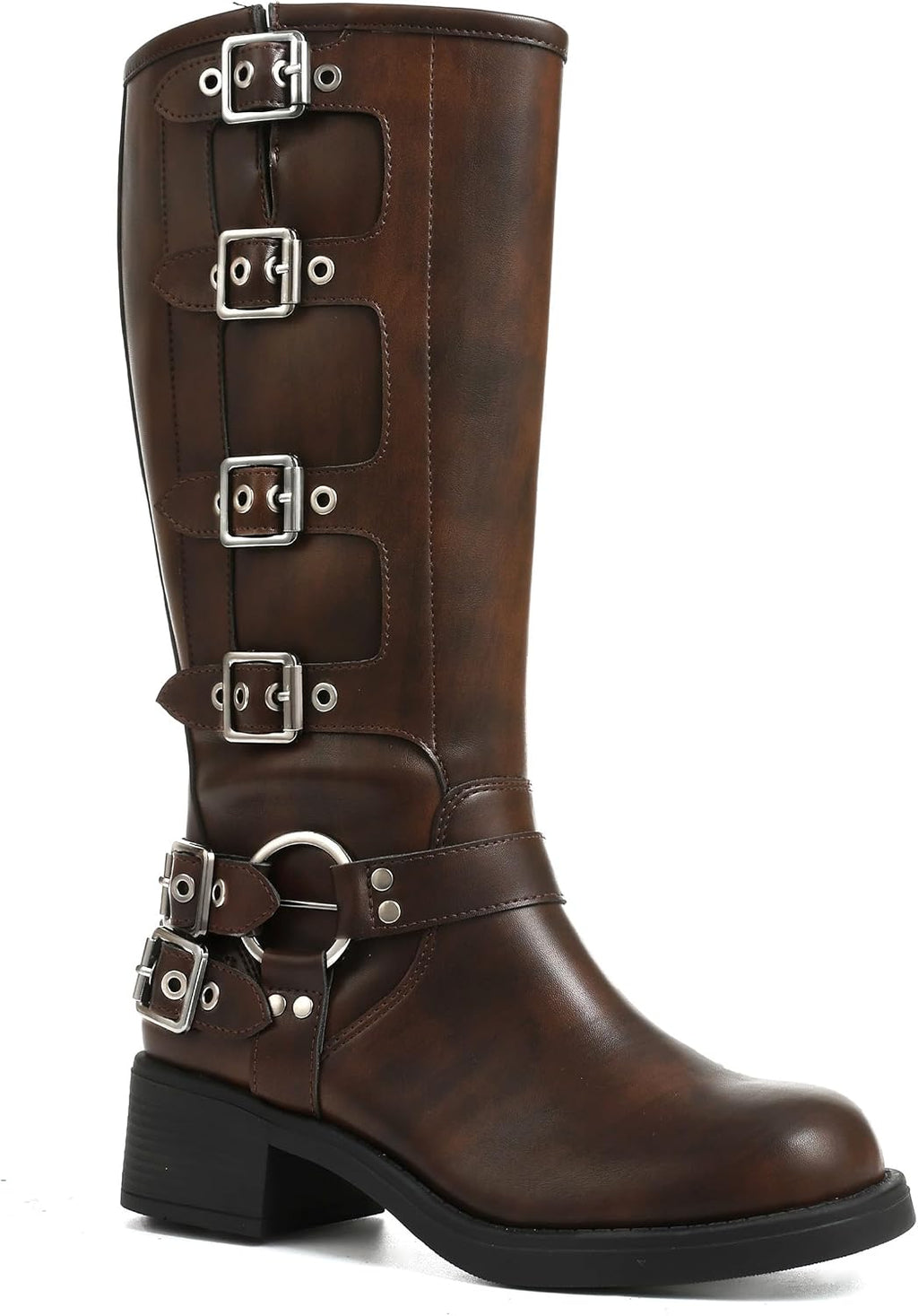 Women's Knee High Moto Boots with Buckles, Chunky Heel