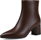Women's Chunky Heel Ankle Boots, Pointed Toe Leather Booties