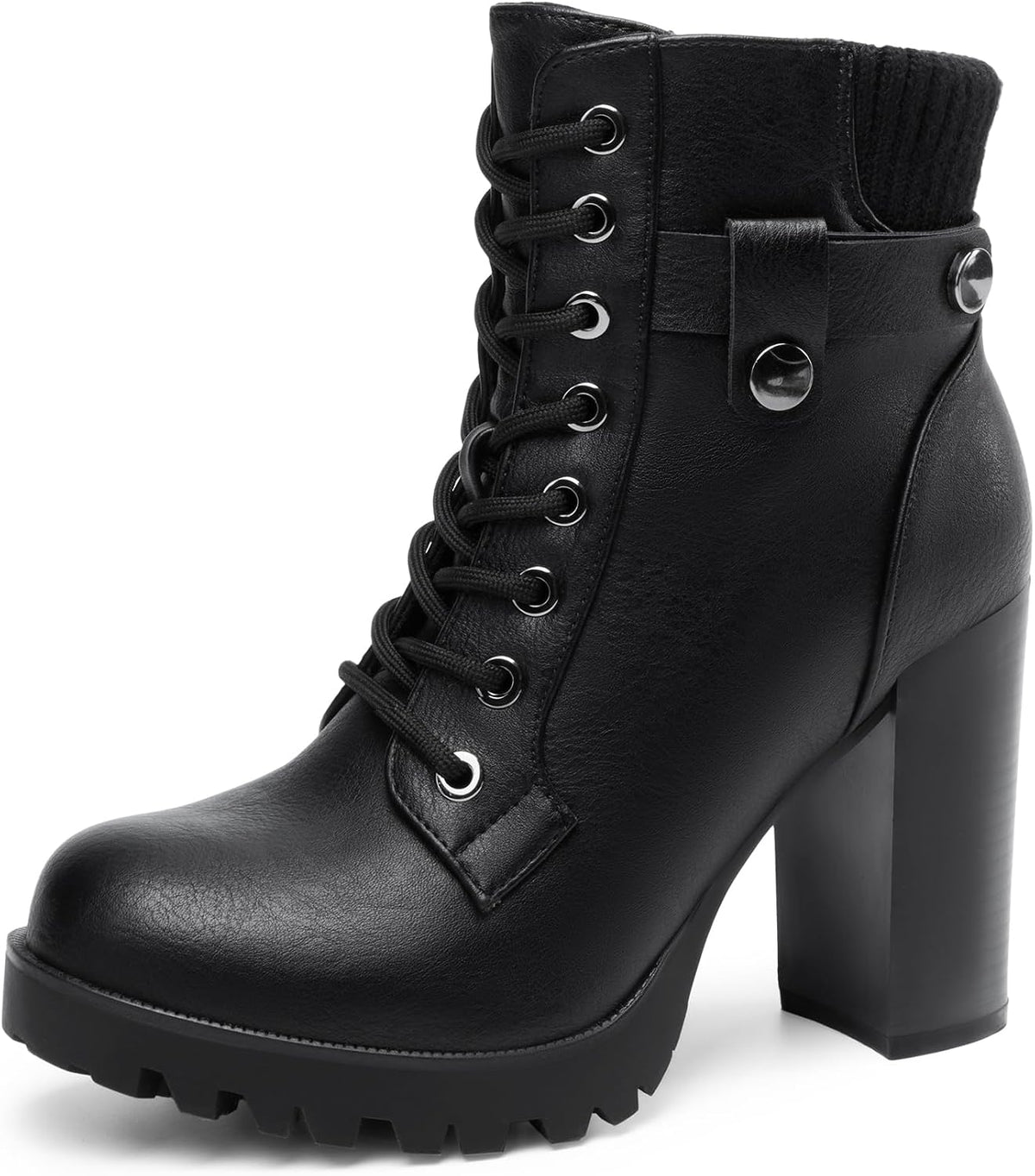 Women's Chunky Heel Lace-Up Combat Ankle Boots, Vegan Leather