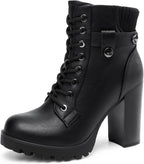 Women's Chunky Heel Lace-Up Combat Ankle Boots, Vegan Leather
