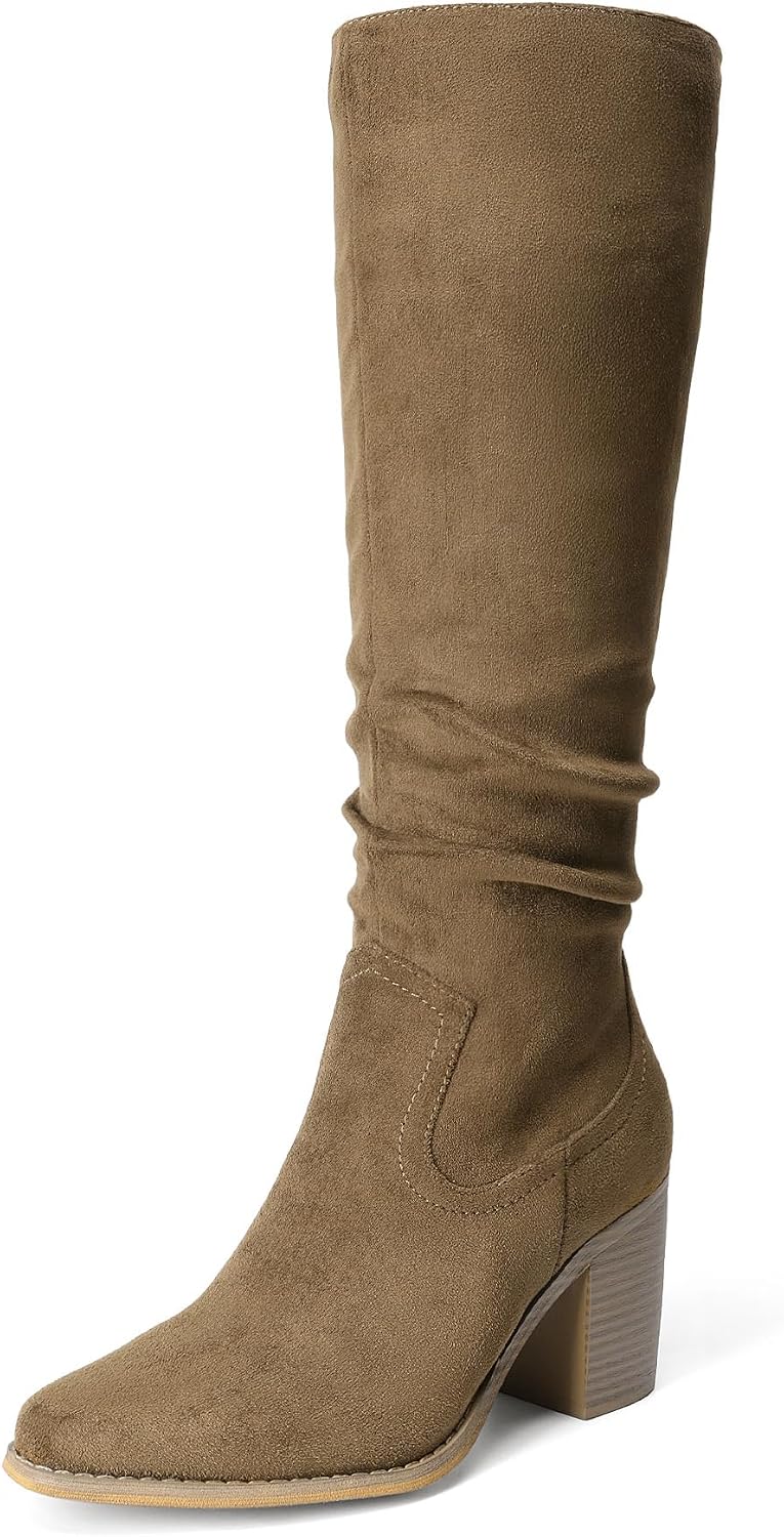 Women's Knee-High Chunky Heel Boots, Slouchy Suede-Look