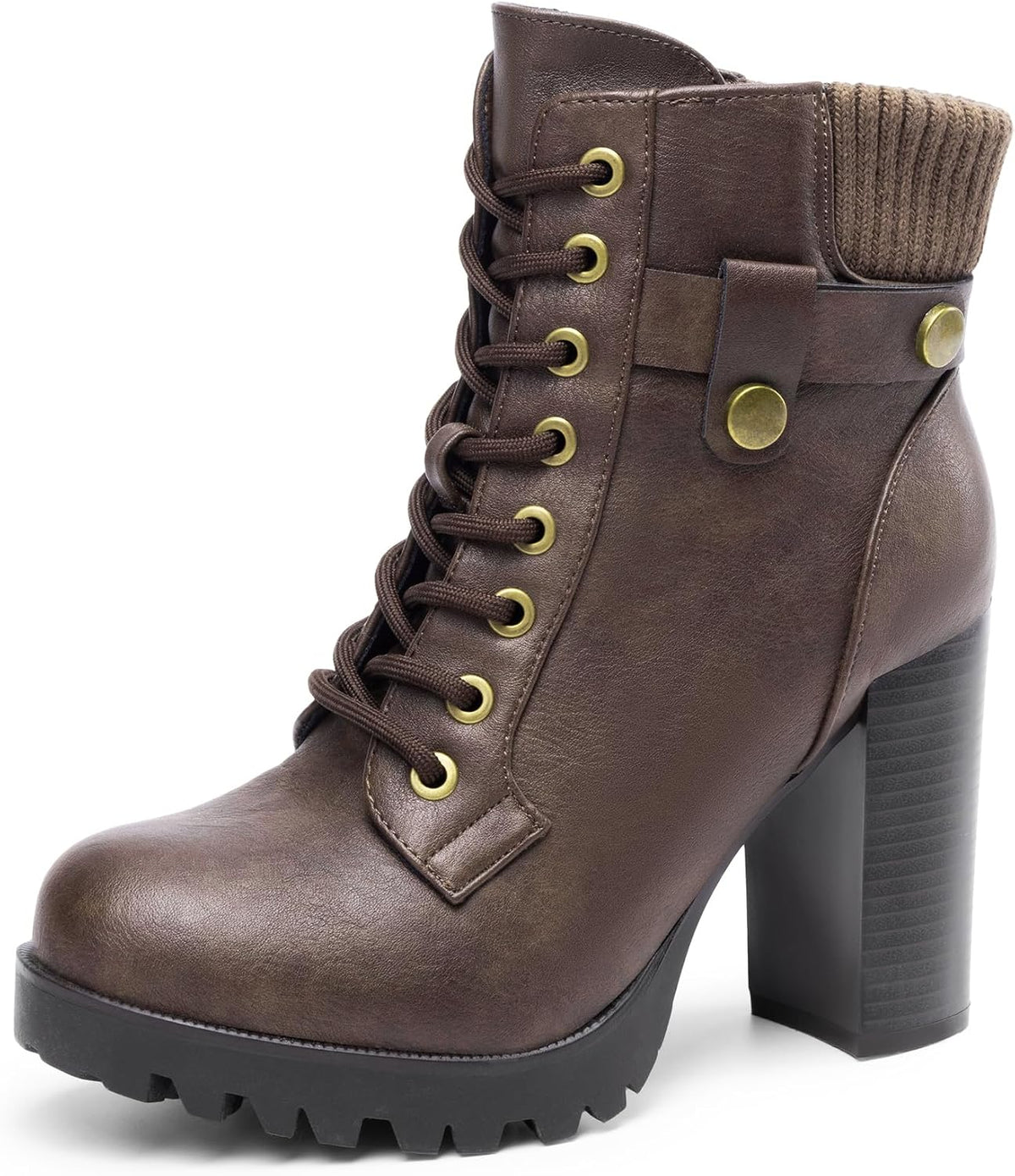 Women's Chunky Heel Lace-Up Combat Ankle Boots, Vegan Leather