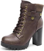Women's Chunky Heel Lace-Up Combat Ankle Boots, Vegan Leather