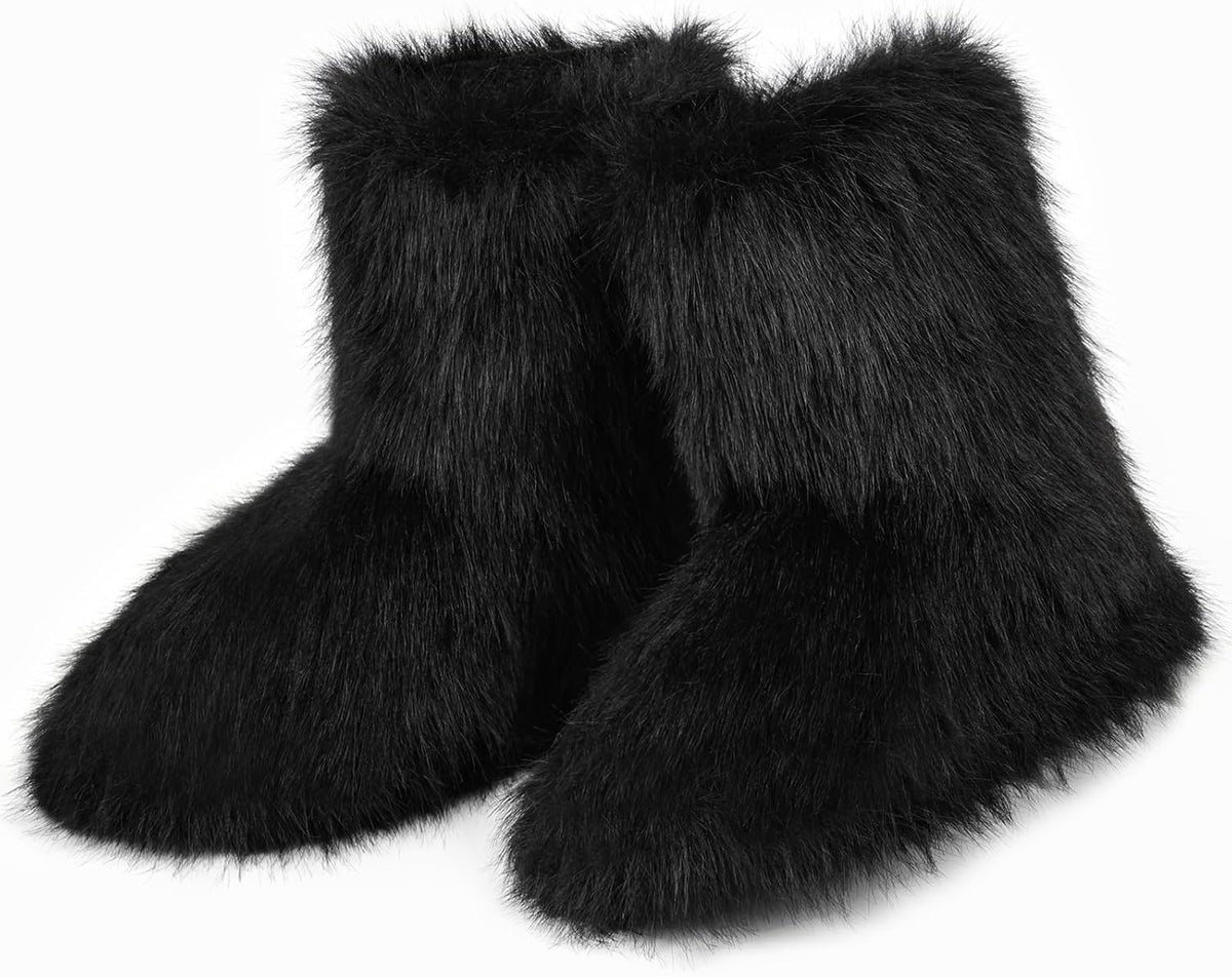 Women's Faux Fur Mid-Calf Snow Boots, Fuzzy Round Toe