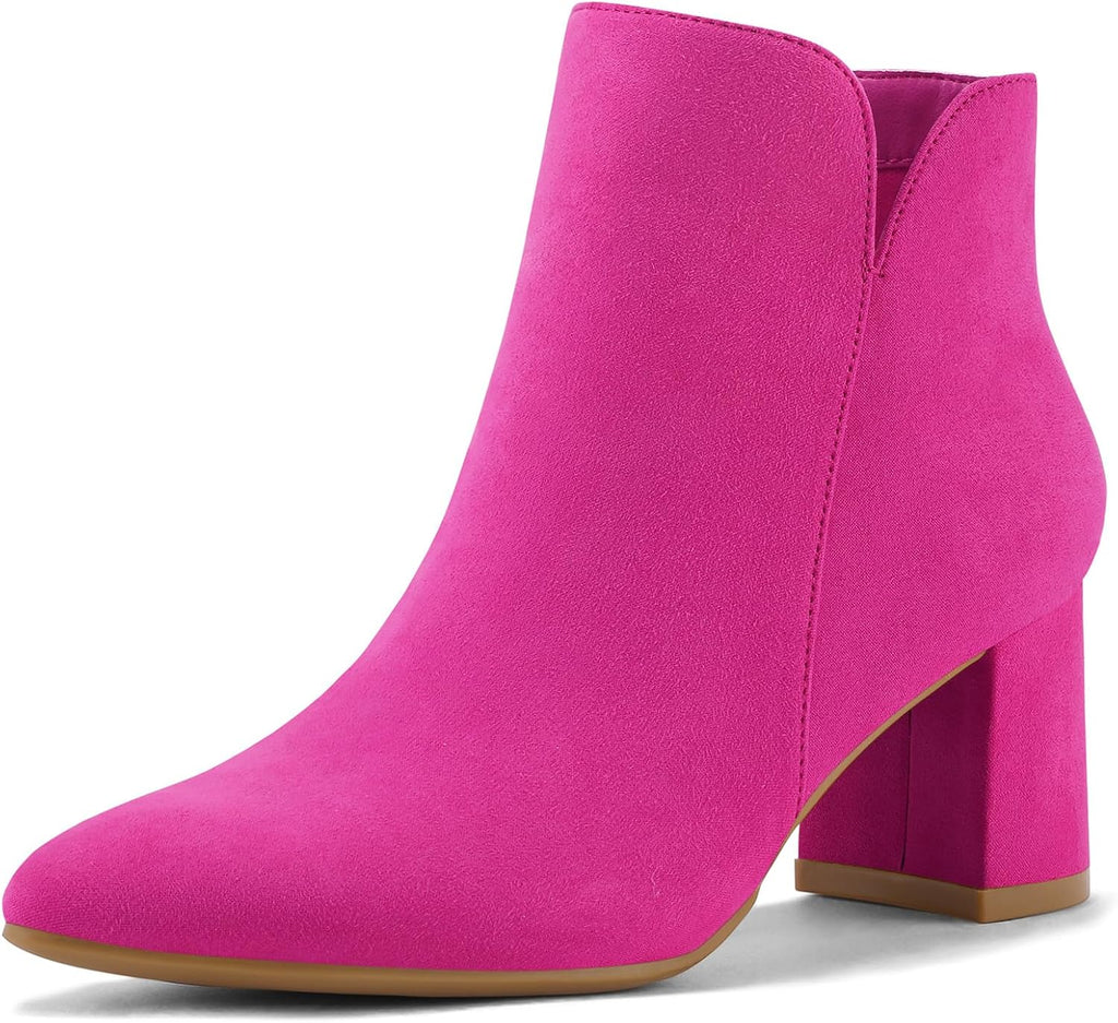 Women's Chunky Heel Ankle Boots with Pointed Toe, Side Zip
