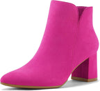 Women's Chunky Heel Ankle Boots with Pointed Toe, Side Zip
