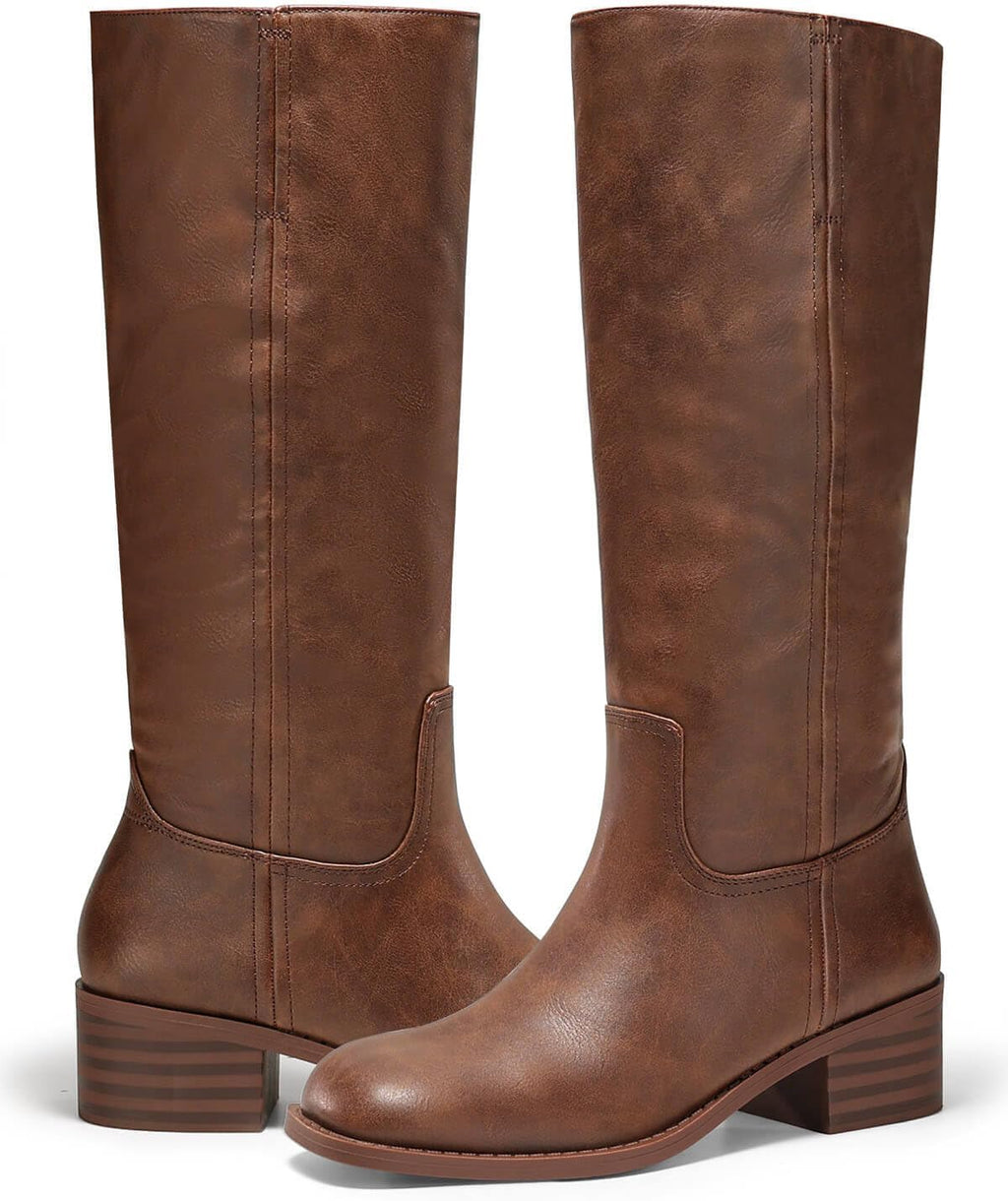 Women's Knee High Boots with Chunky Block Heel, Square Toe
