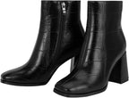 Women's Square Toe Chunky Heel Ankle Boots, Side Zip