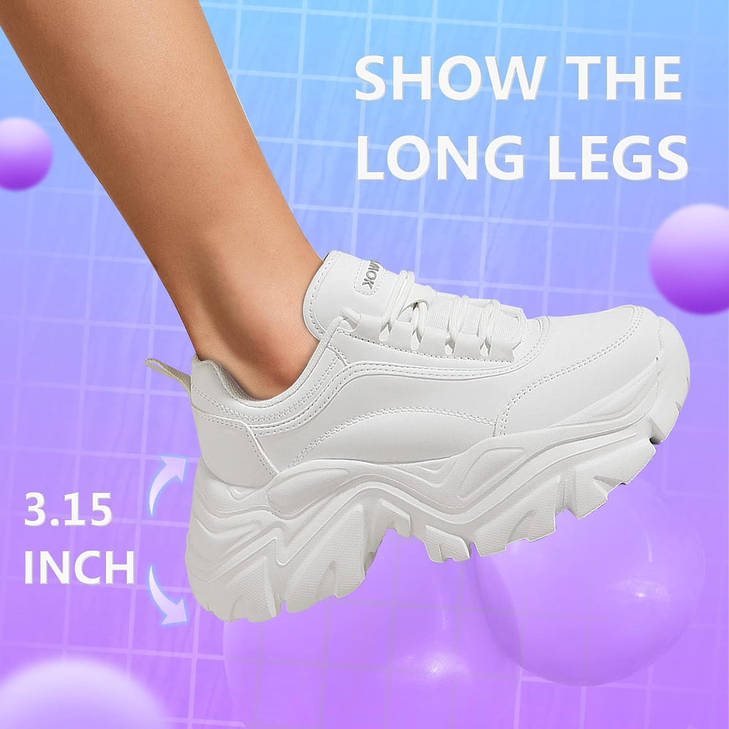 Women's White Platform Chunky Sneakers, Memory Foam Insole