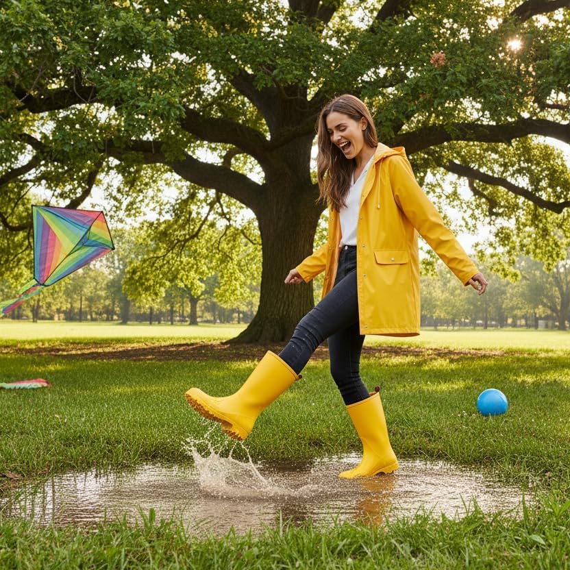 Women's Mid-Calf Waterproof Rubber Rain Boots, Slip-On