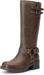 Women's Moto Knee High Boots with Block Heel & Buckles