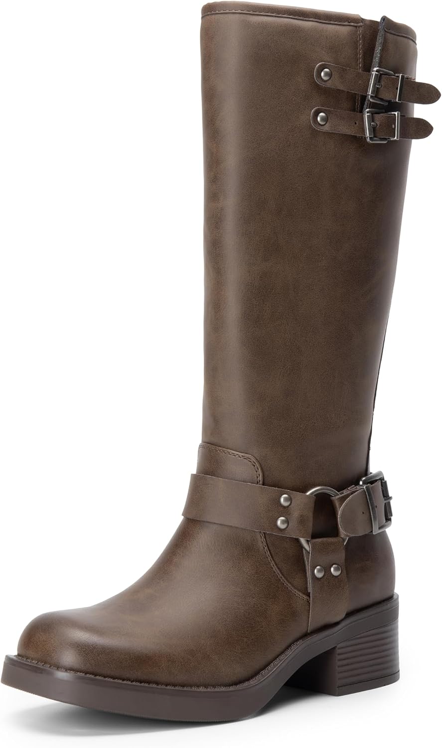 Women's Moto Knee High Boots with Block Heel & Buckles