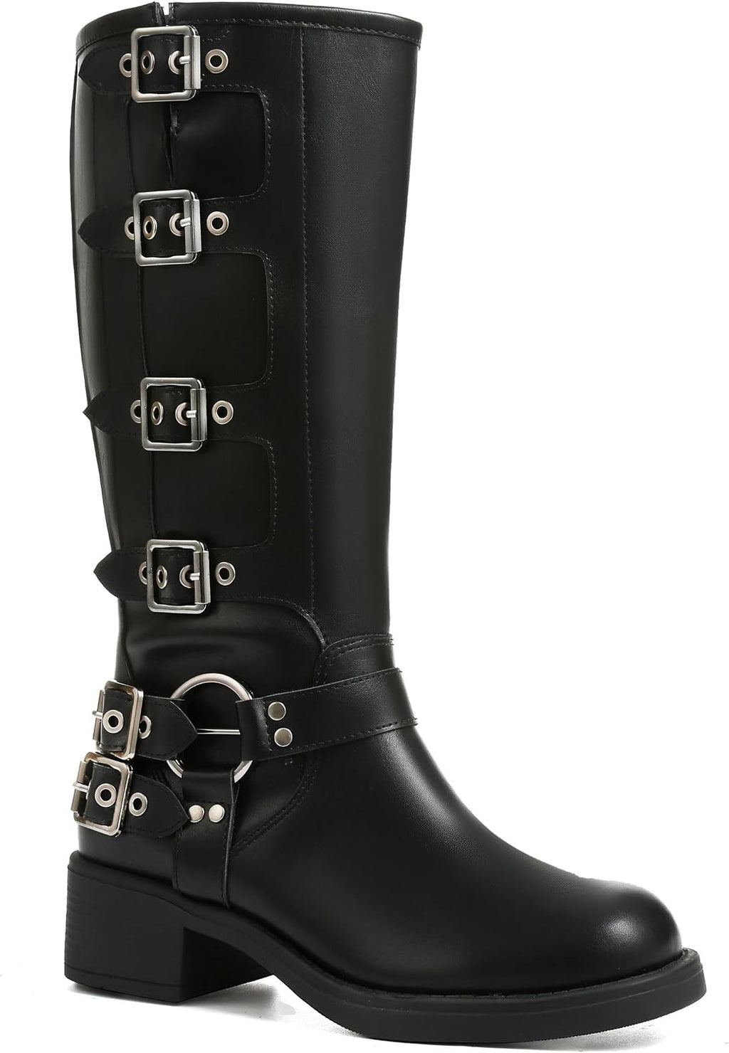 Women's Knee High Moto Boots with Buckles, Chunky Heel