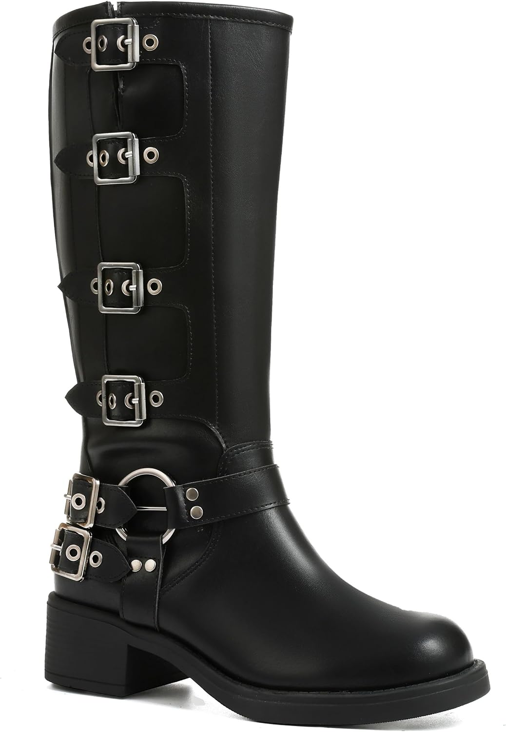 Women's Knee High Moto Boots with Buckles, Chunky Heel