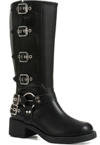 Women's Knee High Moto Boots with Buckles, Chunky Heel