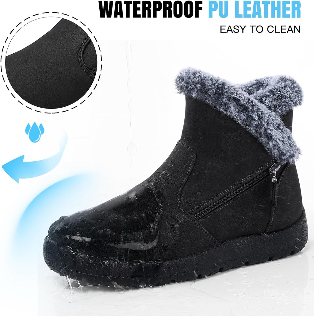 Women's Waterproof Fur Lined Ankle Snow Boots with Side Zip