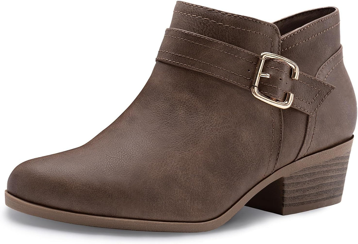 Women's Chunky Heel Ankle Boots with Zip & Metal Buckle