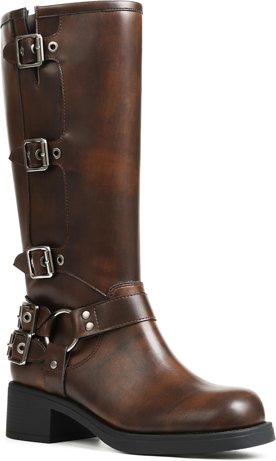 Women's Knee High Moto Boots with Buckles, Chunky Heel