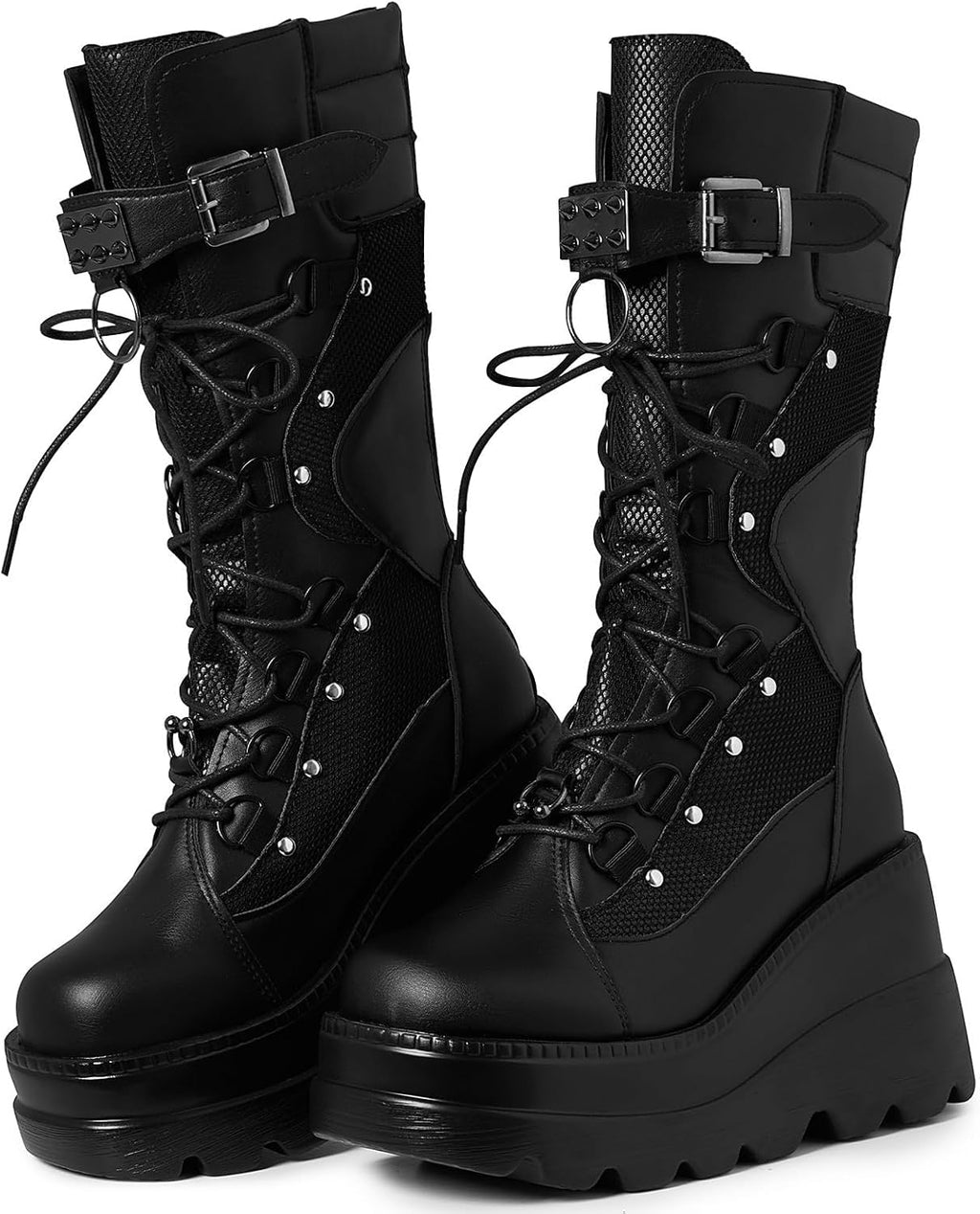 Women's Platform Mid Calf Boots, Lace-Up Gothic Lug Sole