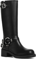 Women's Knee High Moto Boots with Buckles, Chunky Heel