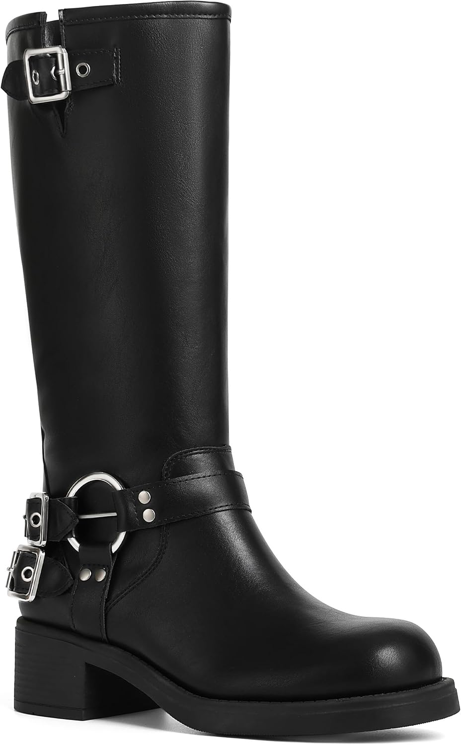 Women's Knee High Moto Boots with Buckles, Chunky Heel