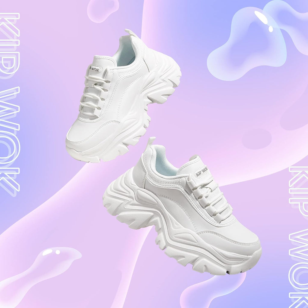 Women's White Platform Chunky Sneakers, Memory Foam Insole