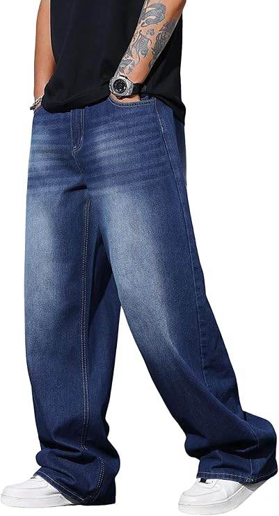 Mens Wide Leg Baggy Jeans Loose Denim Pants Streetwear - VacationGrabs