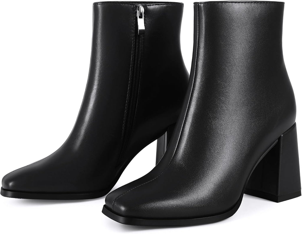 Women's Square Toe Chunky Heel Ankle Boots, Side Zip