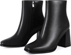 Women's Square Toe Chunky Heel Ankle Boots, Side Zip