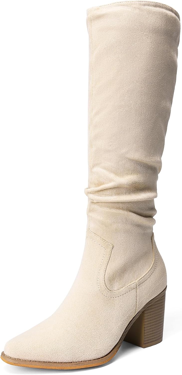 Women's Knee-High Chunky Heel Boots, Slouchy Suede-Look