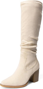 Women's Knee-High Chunky Heel Boots, Slouchy Suede-Look