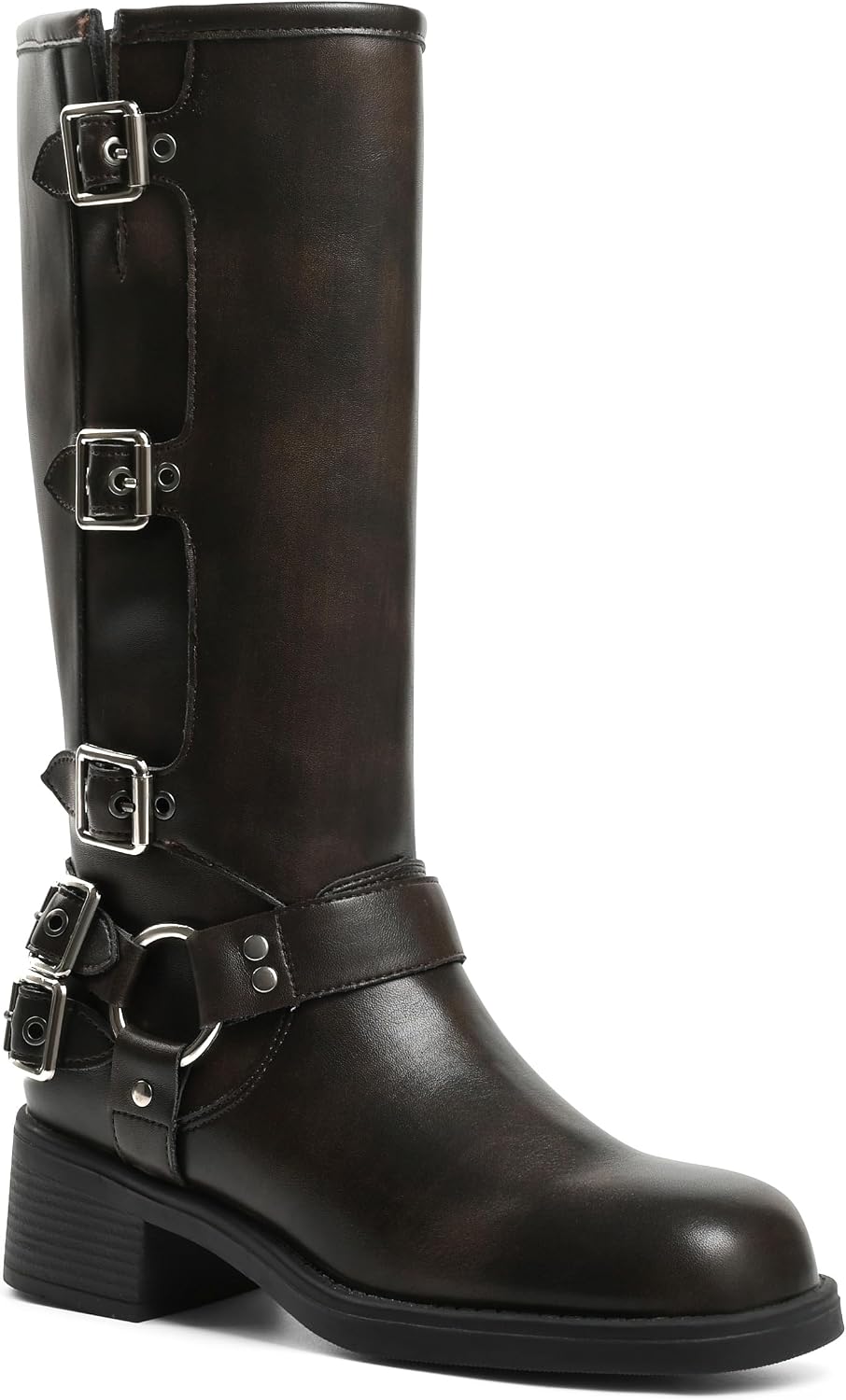 Women's Knee High Moto Boots with Buckles, Chunky Heel