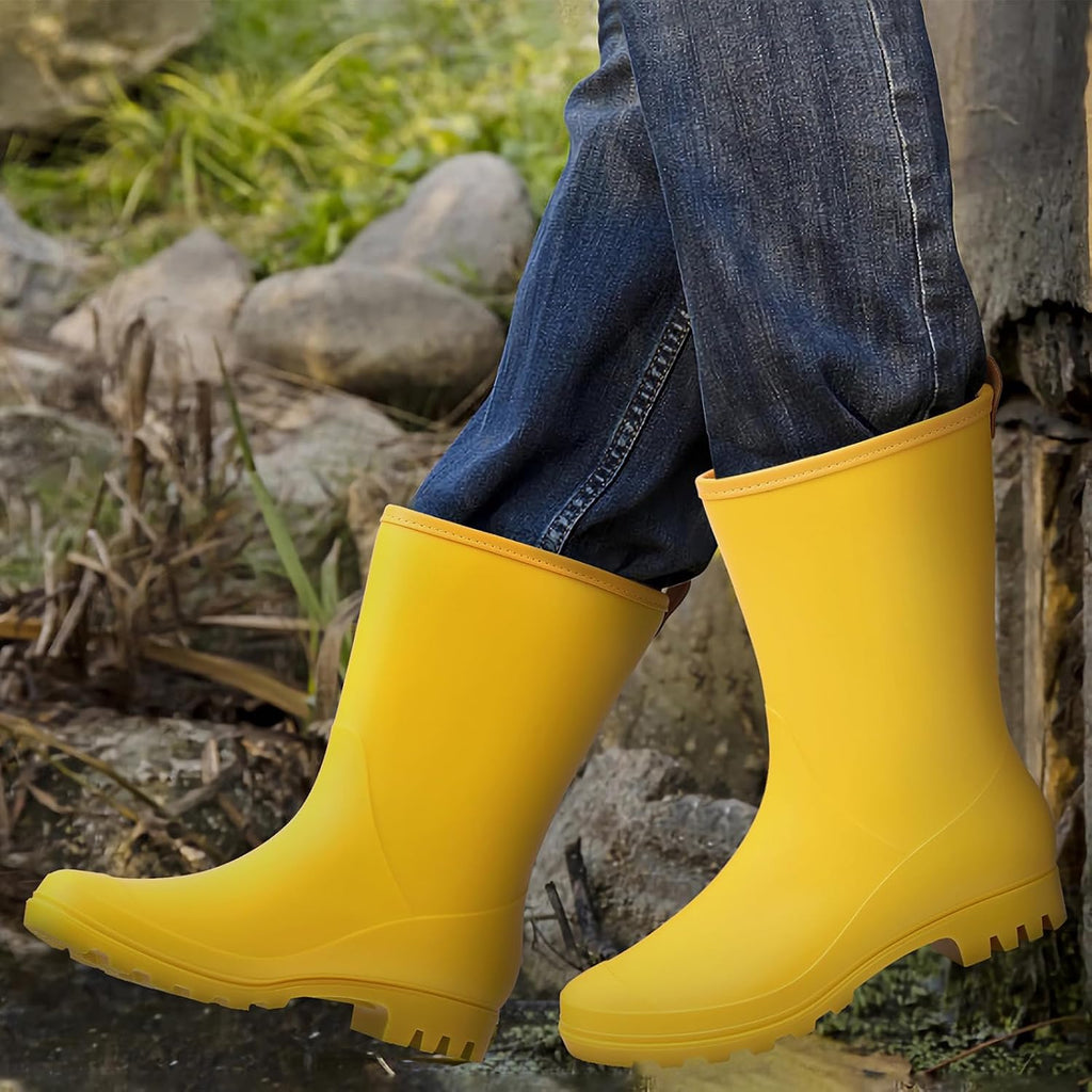 Women's Mid-Calf Waterproof Rubber Rain Boots, Slip-On