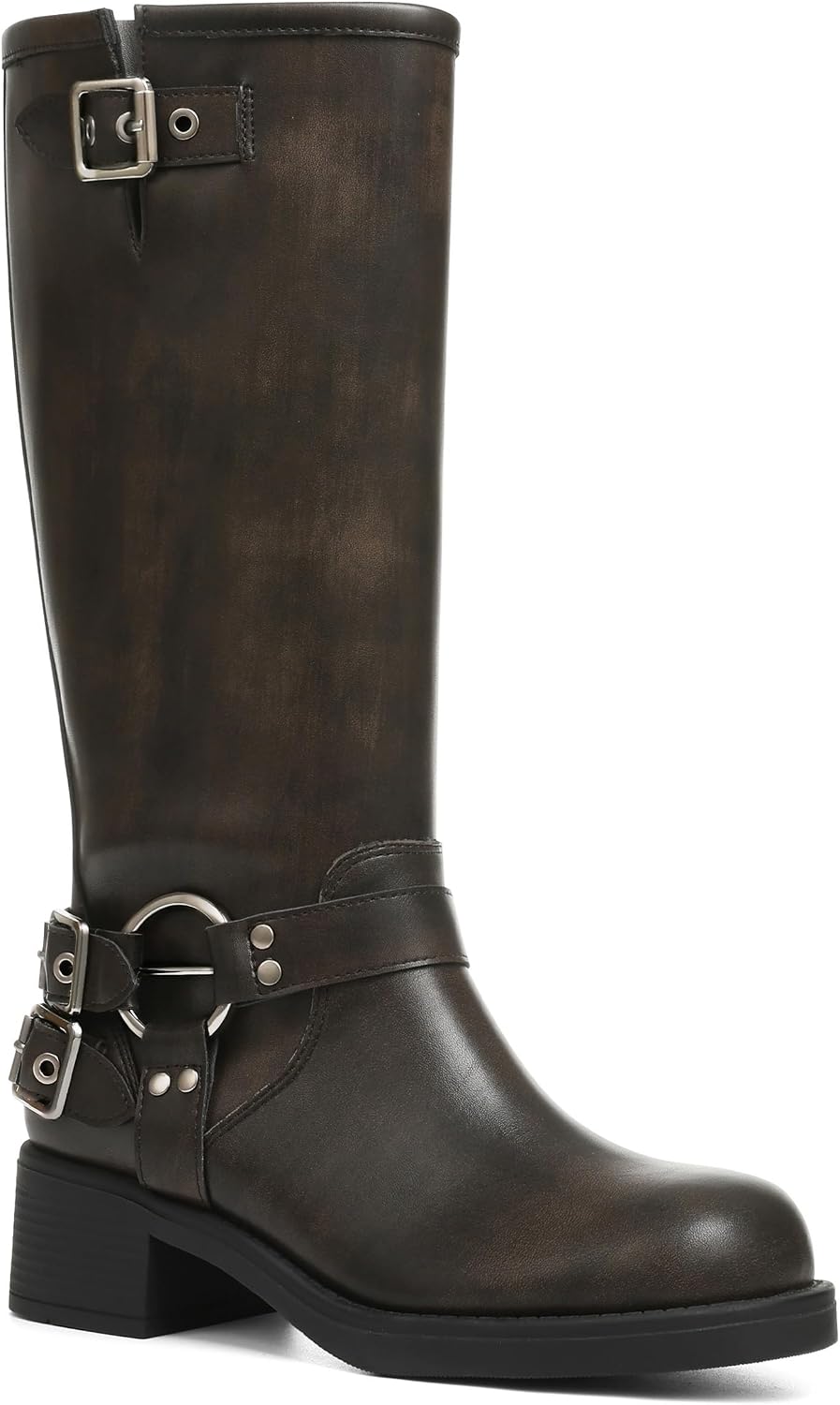 Women's Knee High Moto Boots with Buckles, Chunky Heel