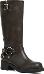 Women's Knee High Moto Boots with Buckles, Chunky Heel