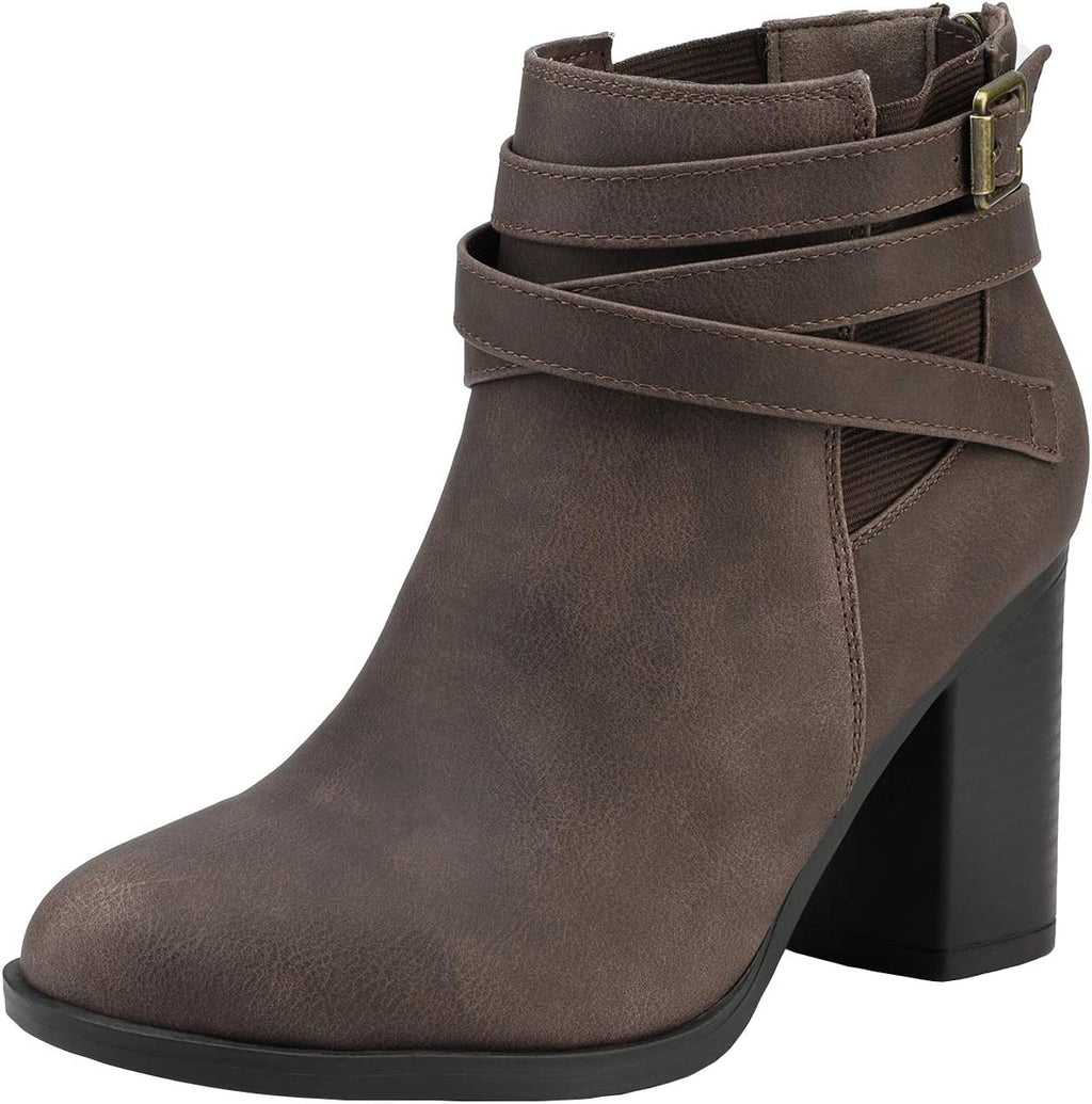 Women's Chunky Heel Ankle Boots with Crossover Strap