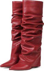 Women's Wedge Heel Fold Over Knee High Boots, Wide Calf