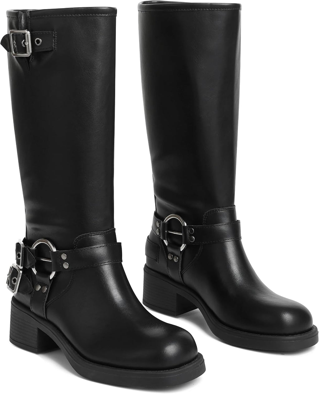 Women's Knee High Moto Boots with Buckles, Chunky Heel